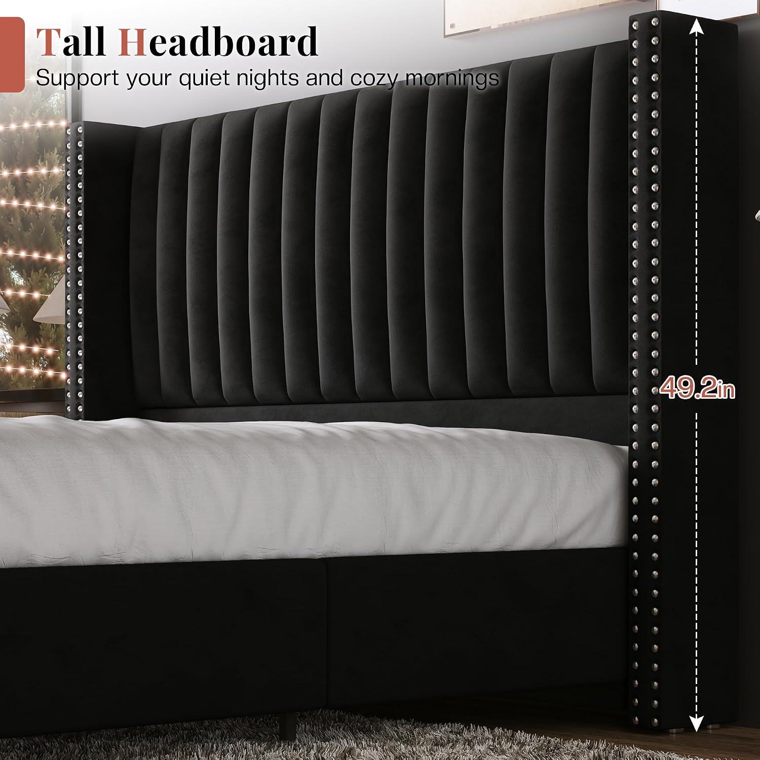 Jocisland King Bed Frame with 49.2' Tall Wingback Headboard,Velvet Upholstered Platform Bed for Cozy Master Bedrooms & Modern Homes,No Box Spring Needed, Easy Assembly, Black