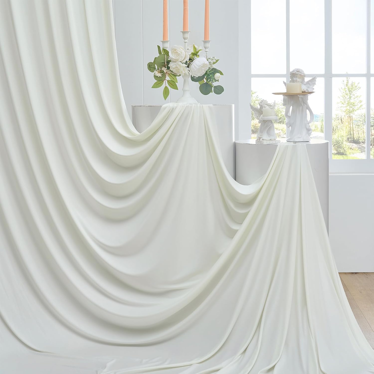 50ftx12ft Wrinkle Free Ivory Backdrop Curtain, 10 Panels 12FT Height Ivory Wedding Backdrop Drapes, Silky Polyester Back Drop Cloth for Birthday Photography Background Party Backdrop Draping