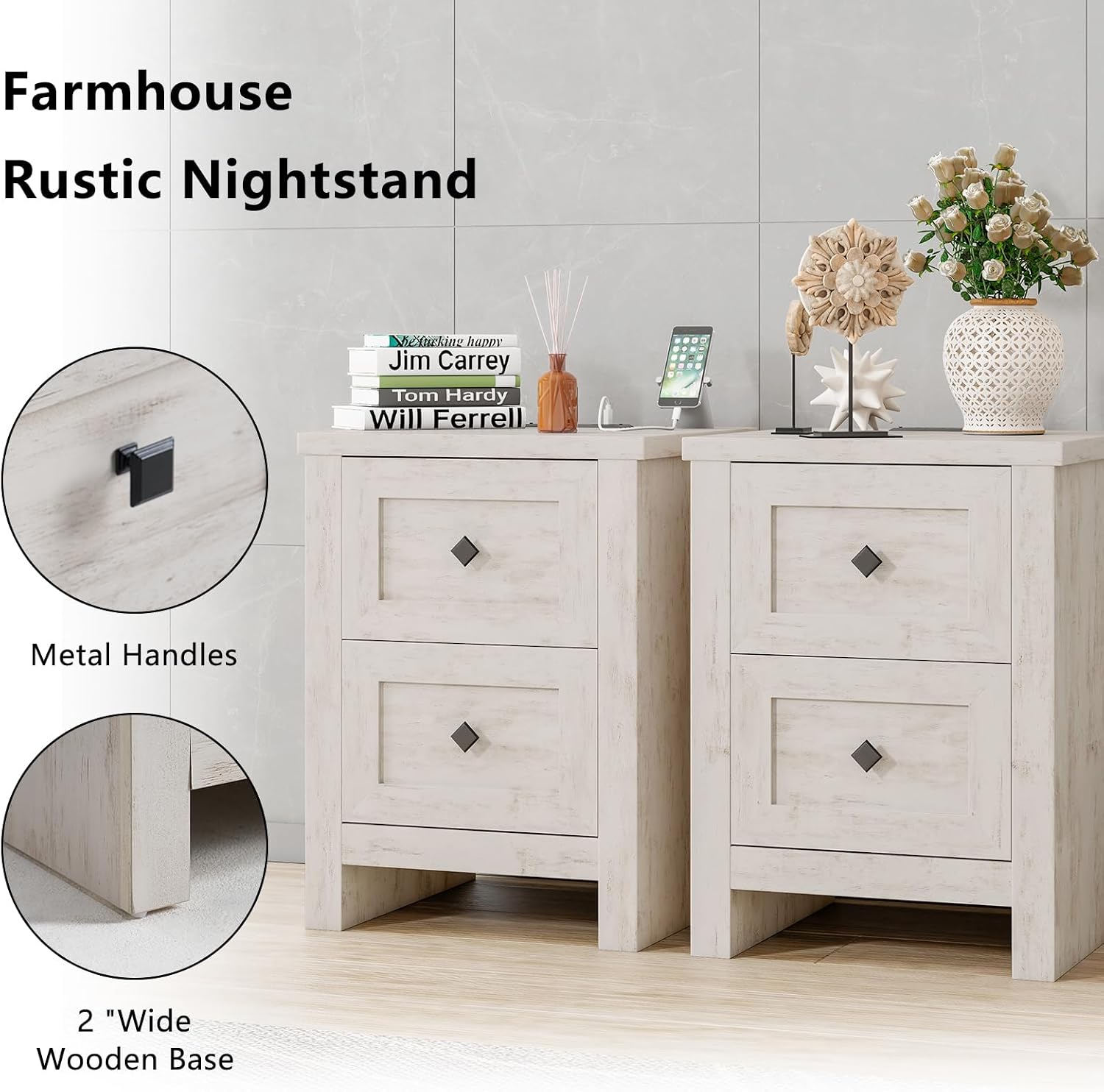 LUXOAK 4 Pieces Farmhouse Bedroom Set, 1 X Wood Rustic 6 Drawer Storage Dresser, 1 X 5 Drawer Dresser, Nightstand Set of 2 with Charging Station, Farmhouse Bedroom Furniture Set, Rustic White