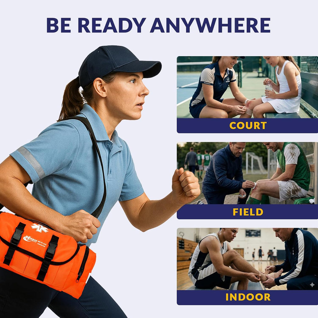 MFASCO Sports First Aid Kit Bag – 326-Piece Athletic Medical Kit in Orange EMT Bag, Coach's First Aid Kit for Youth Sports, Soccer, Football, Emergency Sports Kit Supplies for Athlete Sports Injuries