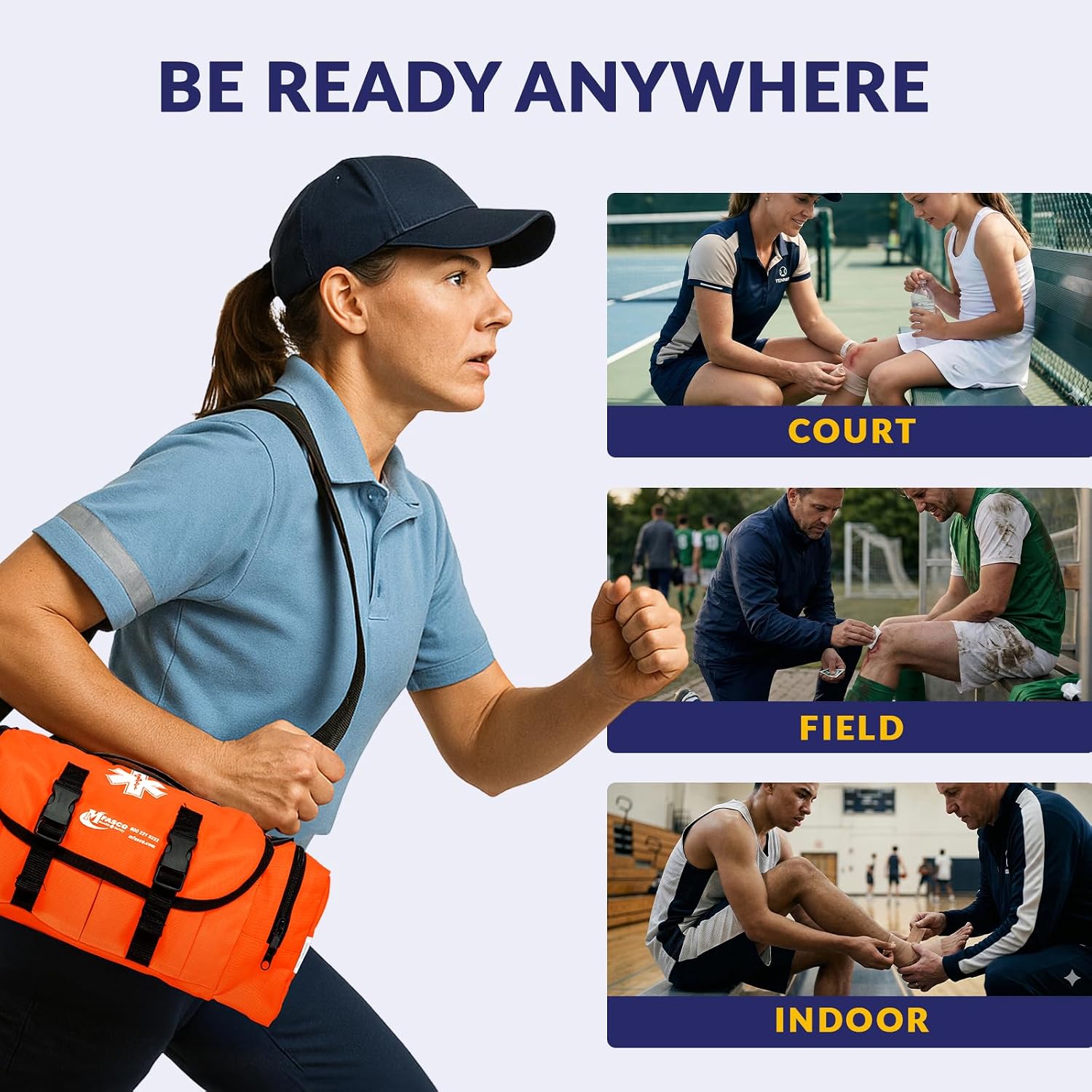 MFASCO Sports First Aid Kit Bag – 326-Piece Athletic Medical Kit in Orange EMT Bag, Coach's First Aid Kit for Youth Sports, Soccer, Football, Emergency Sports Kit Supplies for Athlete Sports Injuries