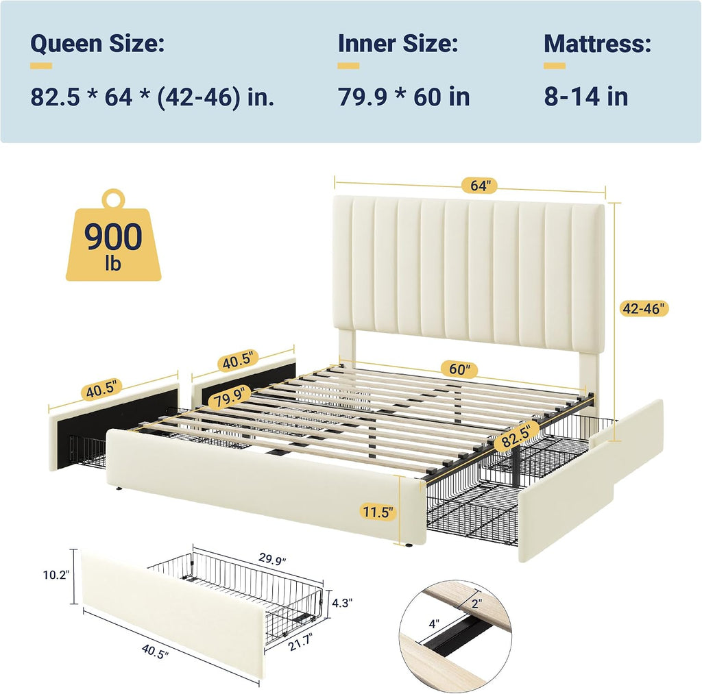 Allewie Queen Size Storage Bed Frame, Vertical Channel Tufted Adjustable Headboard, Velvet Upholstered Platform Bed with 4 Oversized Underbed Drawers, Wooden Slats Support, No Box Spring Needed, Cream