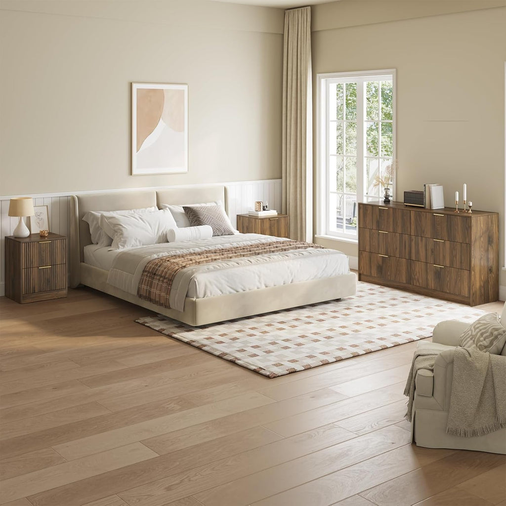 6 Drawer Dresser & Nightstand Set 3-Piece, 55' Wide Fluted Dresser and Night Stand Set of 2 with Metal Handle, Modern Wood Chest of Drawers Storage Dressers Set for Bedroom, Walnut