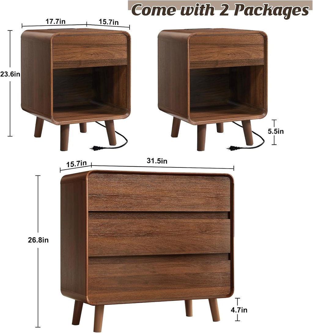 Nasonet Mid Century Modern Dresser and Nightstand Sets 3 Piece, Wooden 3 Drawer Dresser and Small Nightstands Sets of 2, Walnut Bedroom Furniture Set