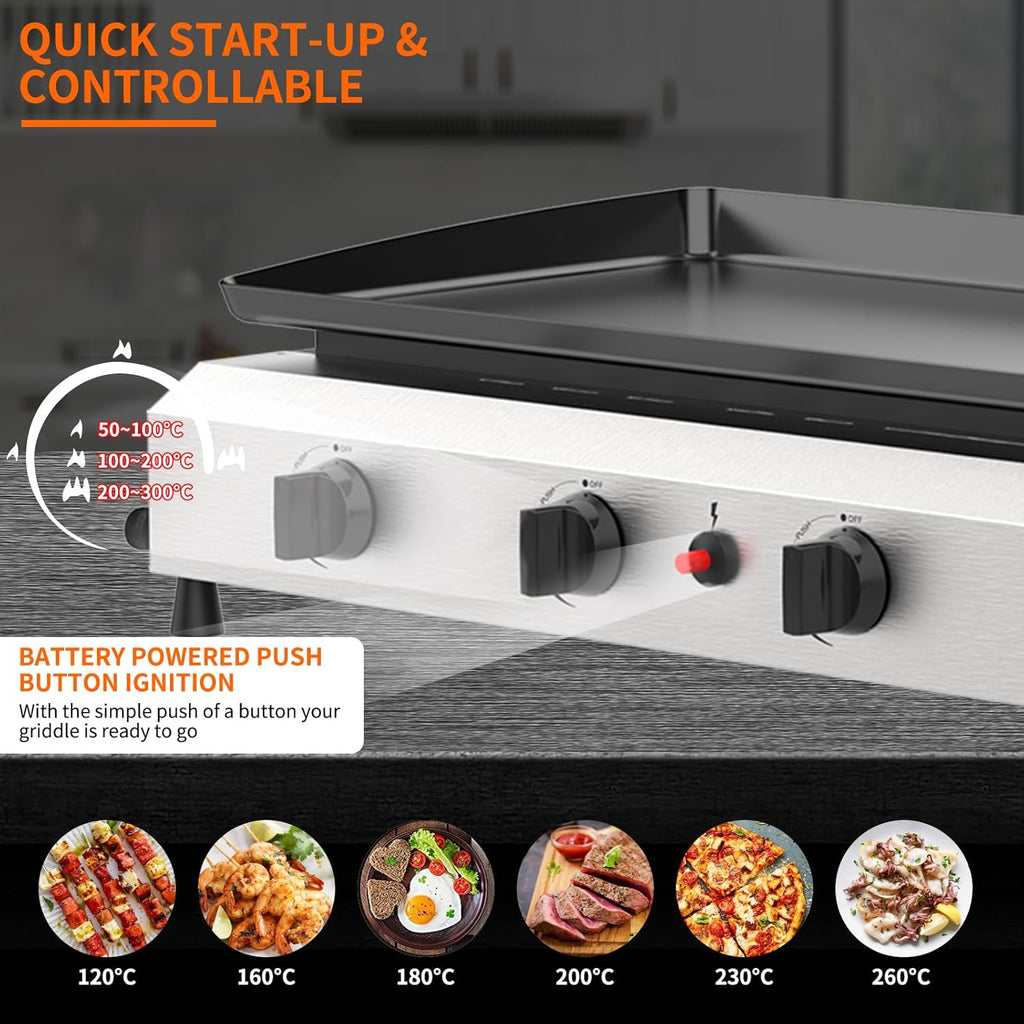 SKOK 4 Burner Flat Top Gas Griddle-30 Inch Outdoor Propane Griddle-40000 BTU Propane Fuelled, Portable Gas Grill Camping Griddle Station for Kitchen, BBQ, Camping