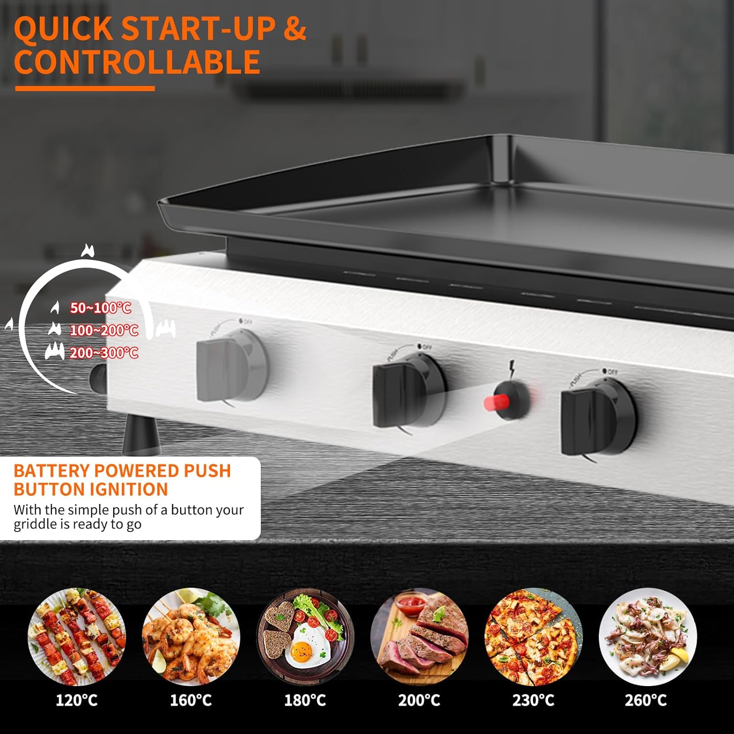 SKOK 4 Burner Flat Top Gas Griddle-30 Inch Outdoor Propane Griddle-40000 BTU Propane Fuelled, Portable Gas Grill Camping Griddle Station for Kitchen, BBQ, Camping