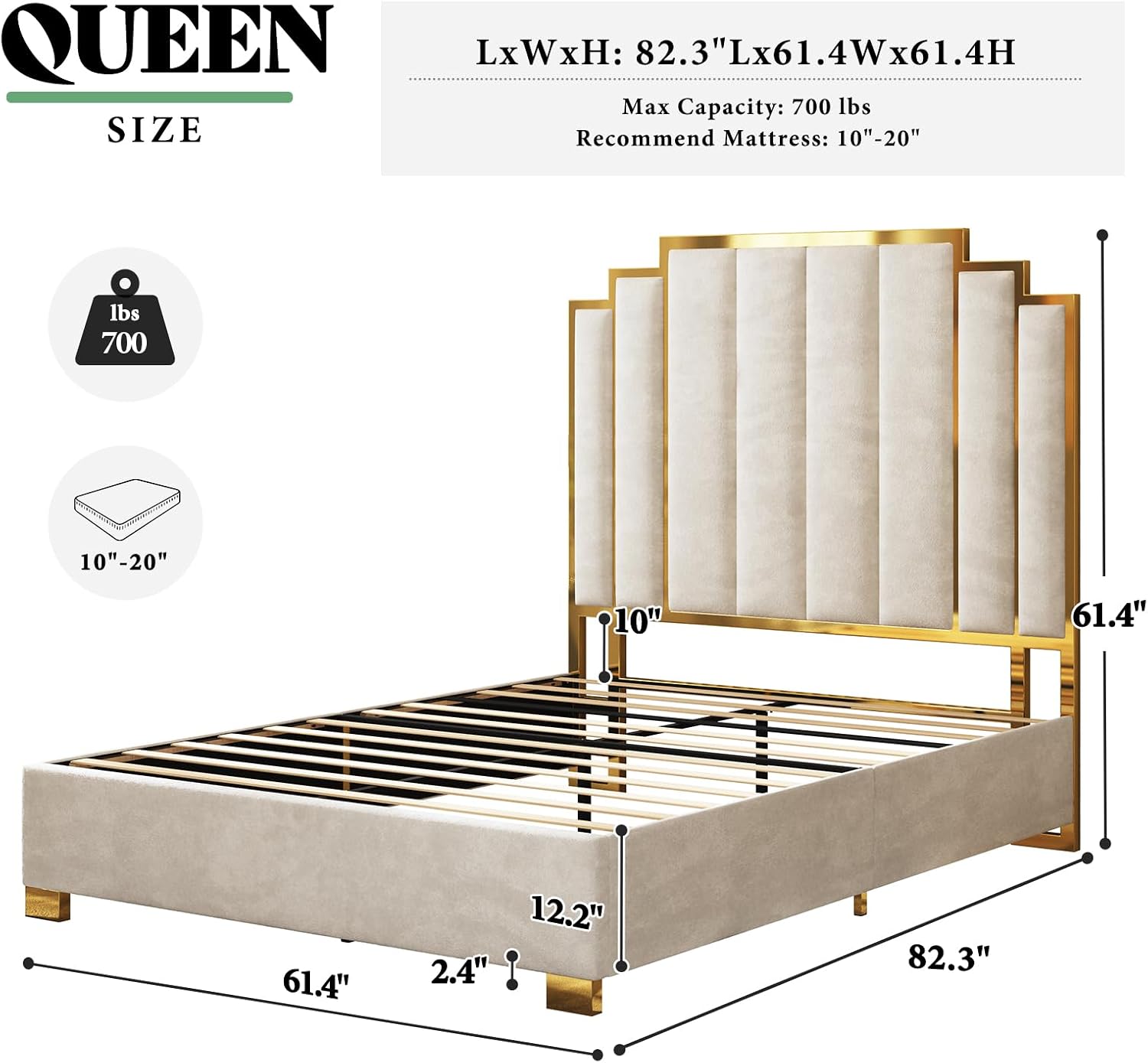 AMERLIFE Queen Size Upholstered Bed, Modern Velvet Bed Frame with 61.4' Tall Gold Trim Headboard, No Box Spring Needed, Cream