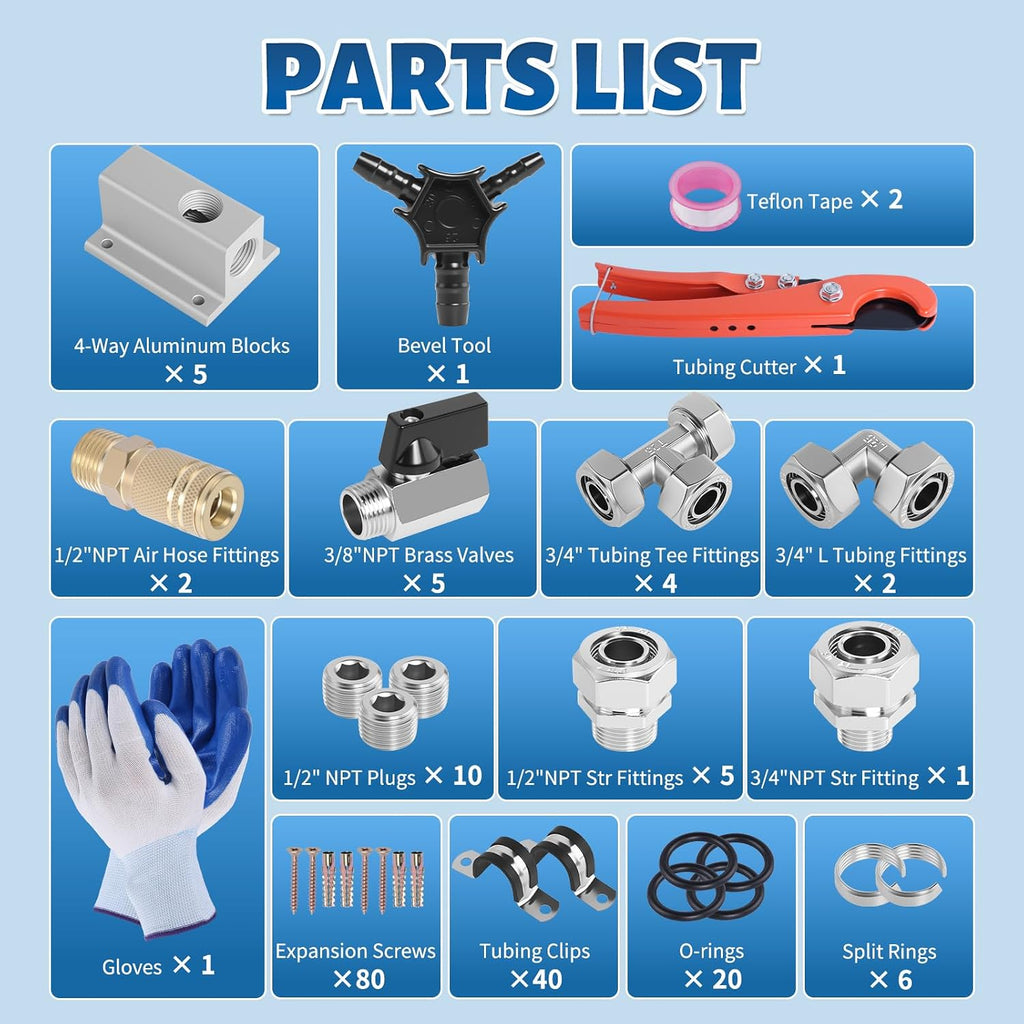 Shop Air Line Kit 3/4' 200FT Compressed Air Piping System HDPE-Aluminum-HDPE Air Tubing with 4-Way Aluminum Blocks Brass Valves Air Piping Fittings Kit Air Compressor Accessories for Garage