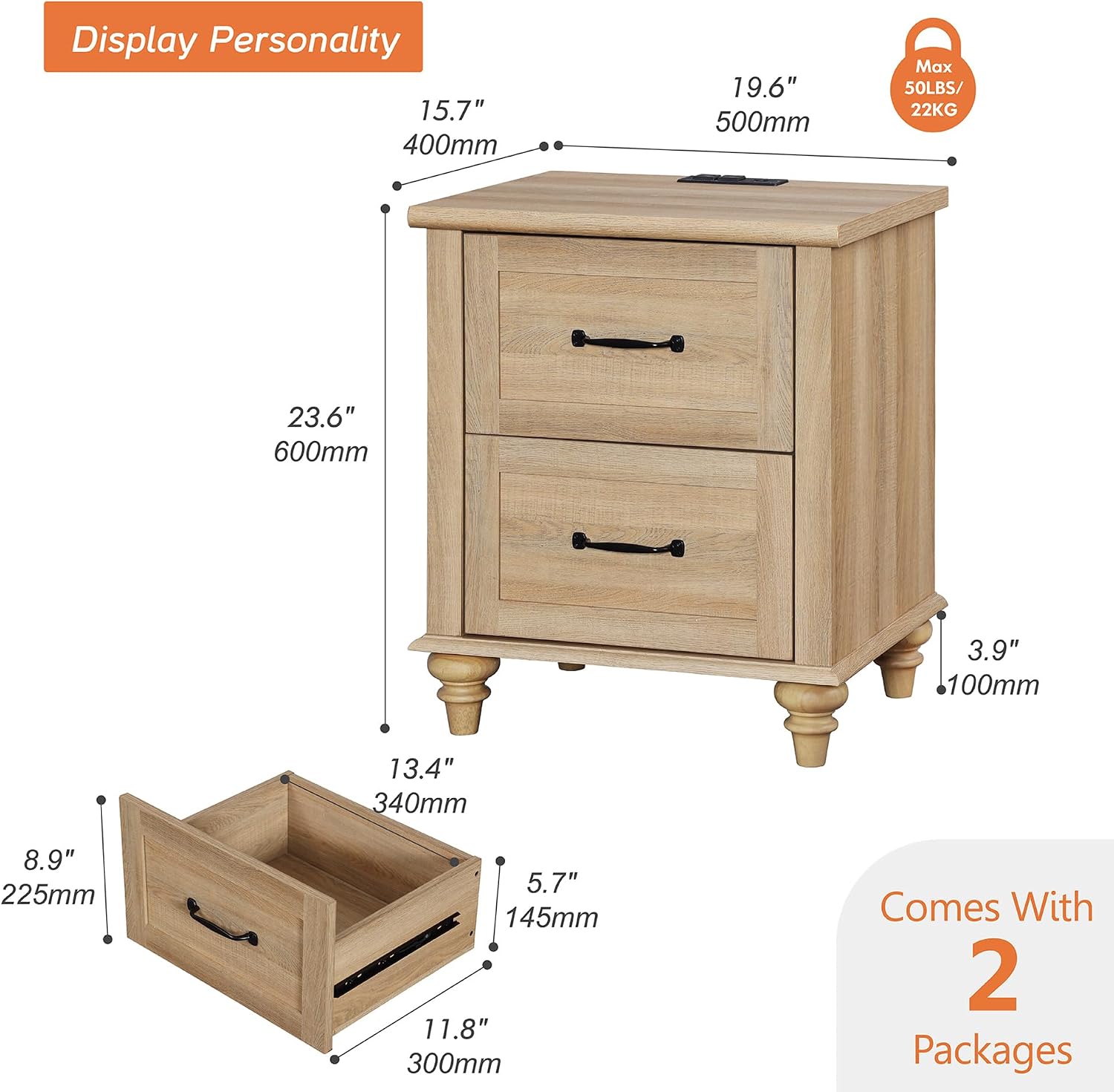 WAMPAT Nightstands with Charging Station Set of 2, 20 Inch Night Stand with 2 Drawers, Wooden Rustic Bedside Table End Tables with Solid Wood Legs for Bedroom, Natural Oak