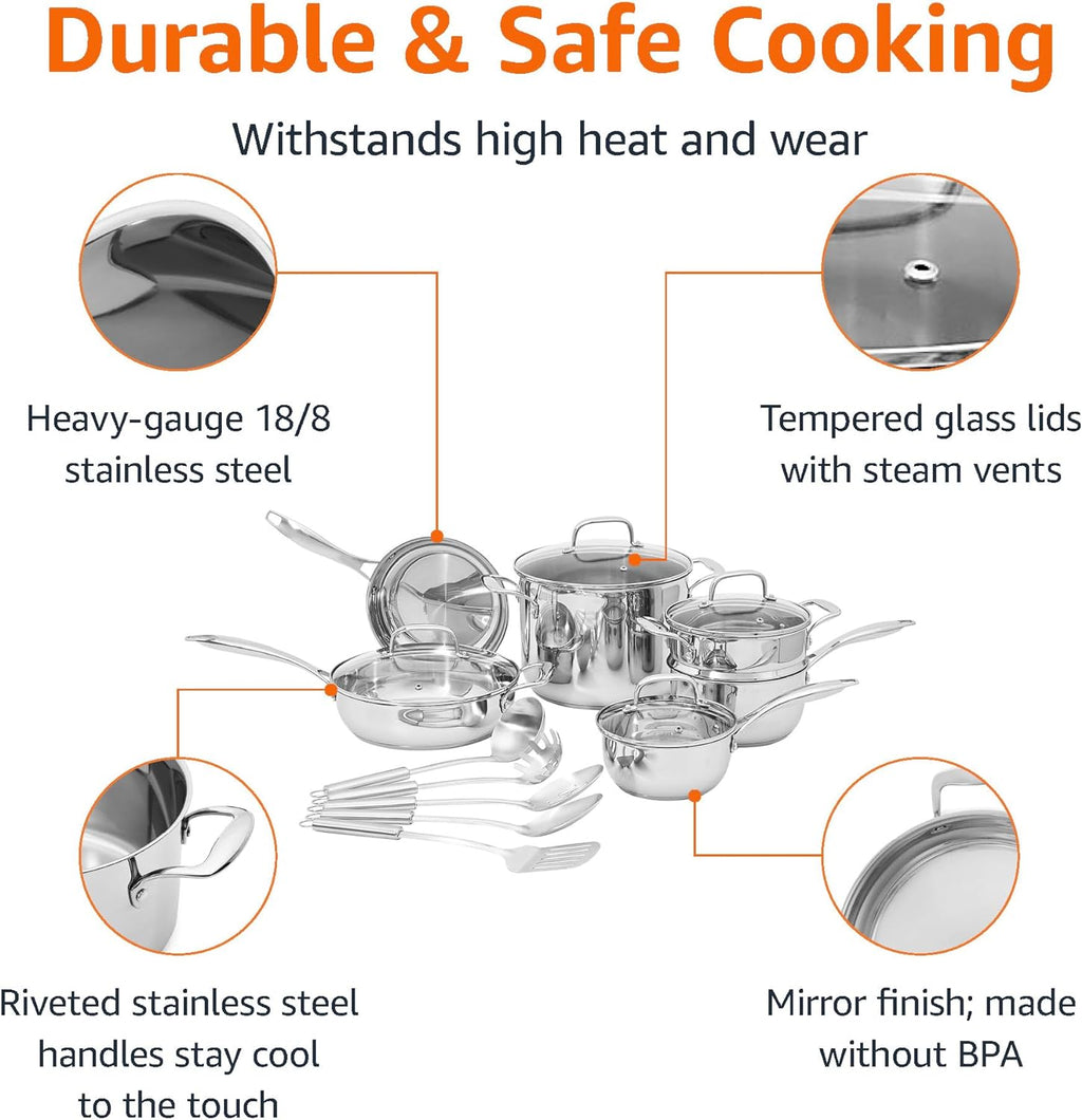 Amazon Basics Stainless Steel Cookware 15-Piece Set, Oven Safe, Induction-Ready, Even Heating, Easy to Clean, Stay-Cool Handles, Pots and Pans, Silver