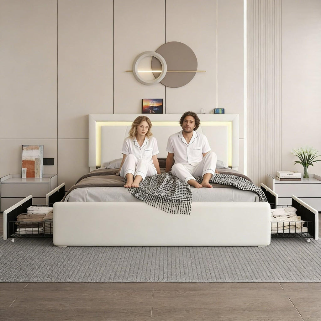 Full Size Bed Frame with 4 Storage Drawers and LED Lights, Upholstered Platform Bed with Adjustable Headboard and Charging Station, Metal Slats Support, No Box Spring Needed,Easy Assembly, White