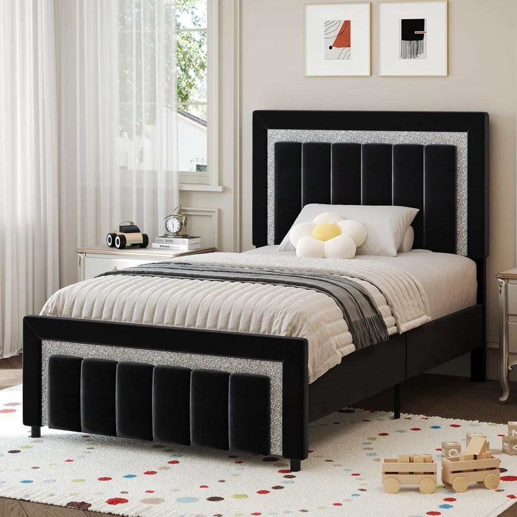 HOMBCK Twin Bed Frames, Twin Size Bed Frame with Diamond Velvet Design Headboard and Footboard, Upholstered Bed Frame with Wooden Slats Support, No Box Spring Needed, Easy Assembly, Black