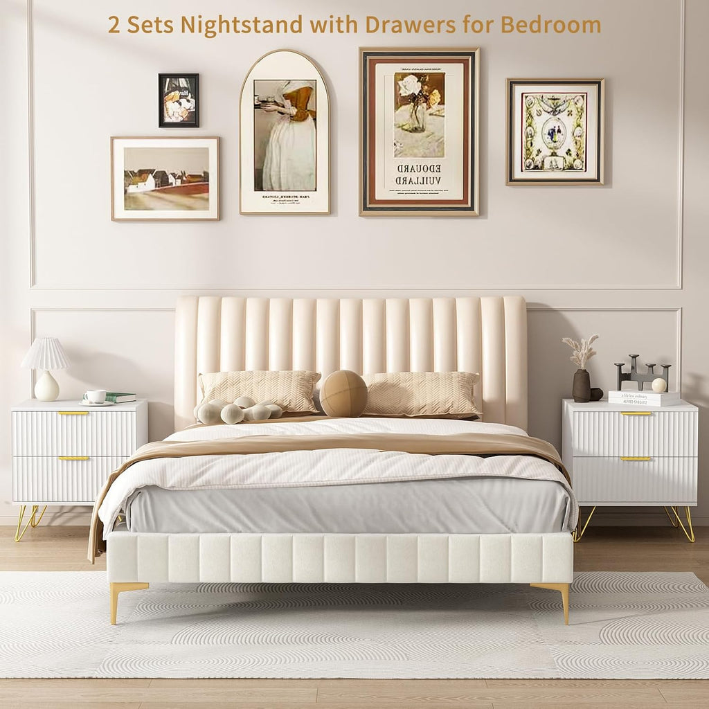 8 Drawer Dresser and Nightstand Sets for Bedroom, 3 Pcs Bedroom Set，Night Stand Set of 2 & 8 Drawer Dresser with Gold Handles, Modern Wood Chest of Drawers Storage Cabinet Set, White