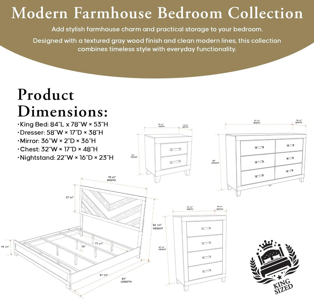 Kings Brand Furniture Napa Farmhouse 6-Piece Bedroom Set - Bed Frame with Headboard, Chest, Dresser and Mirror and 2 Nightstands (King Size)