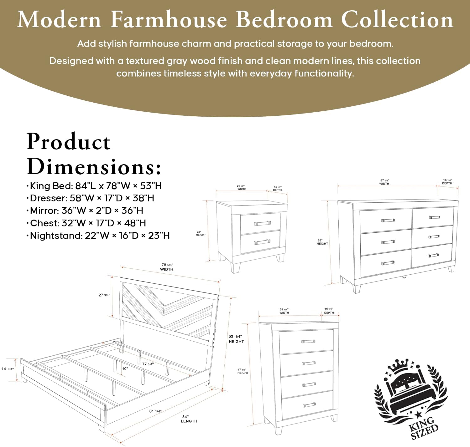 Kings Brand Furniture Napa Farmhouse 6-Piece Bedroom Set - Bed Frame with Headboard, Chest, Dresser and Mirror and 2 Nightstands (King Size)