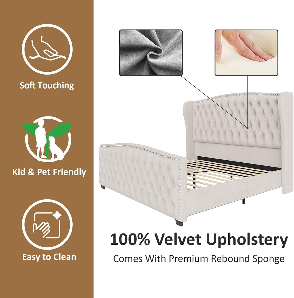 AMERLIFE Queen Size Platform Bed Frame, Velvet Upholstered Bed with Deep Button Tufted & Nailhead Trim Wingback Headboard/No Box Spring Needed/Cream