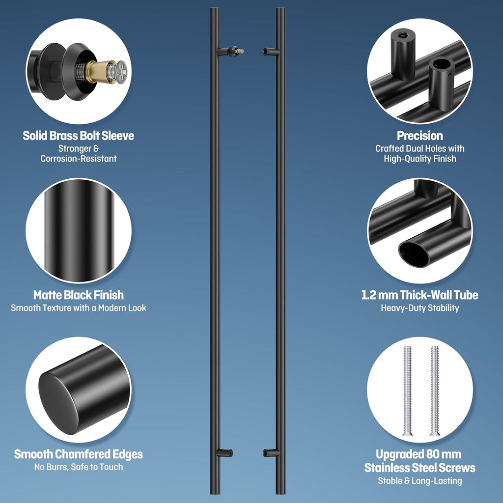 Ranbo 71' Overall Length Anti-Fingerprint Matte Black Back-to-Back Door Pull Handle,59-1/16'(1500mm) Hole Spacing,1.2 mm 304 Stainless Steel for Glass,Entry,Commercial and Storefront Door