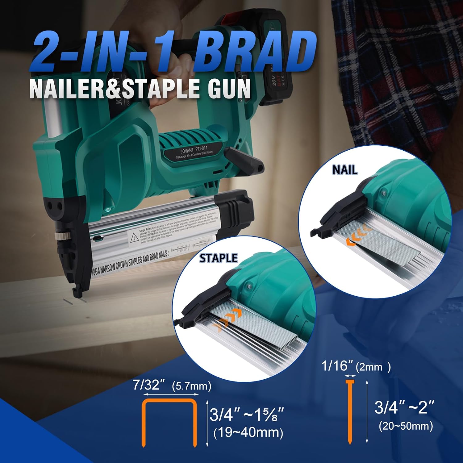 Cordless 18GA Nail Gun and 7/8' Angle Grinder, 2 in 1 Brad Nailer Cordless with 2 * 4.0A Batteries, for Woodworking, Flooring, Roofing and Upholstery JOVANT