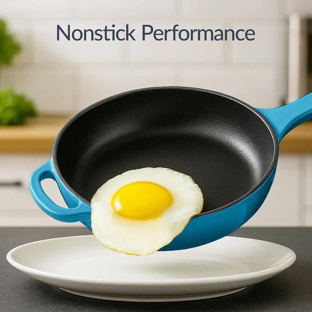 Best Choice Products Non-Stick Pot & Pan Cookware Set, Cast Iron, 2Qt Skillet W/Lid, 10' Grill Or Griddle Pan W/Press, 6Qt Enameled Dutch Oven, Non-toxic, For Cooking & Grilling - Blue
