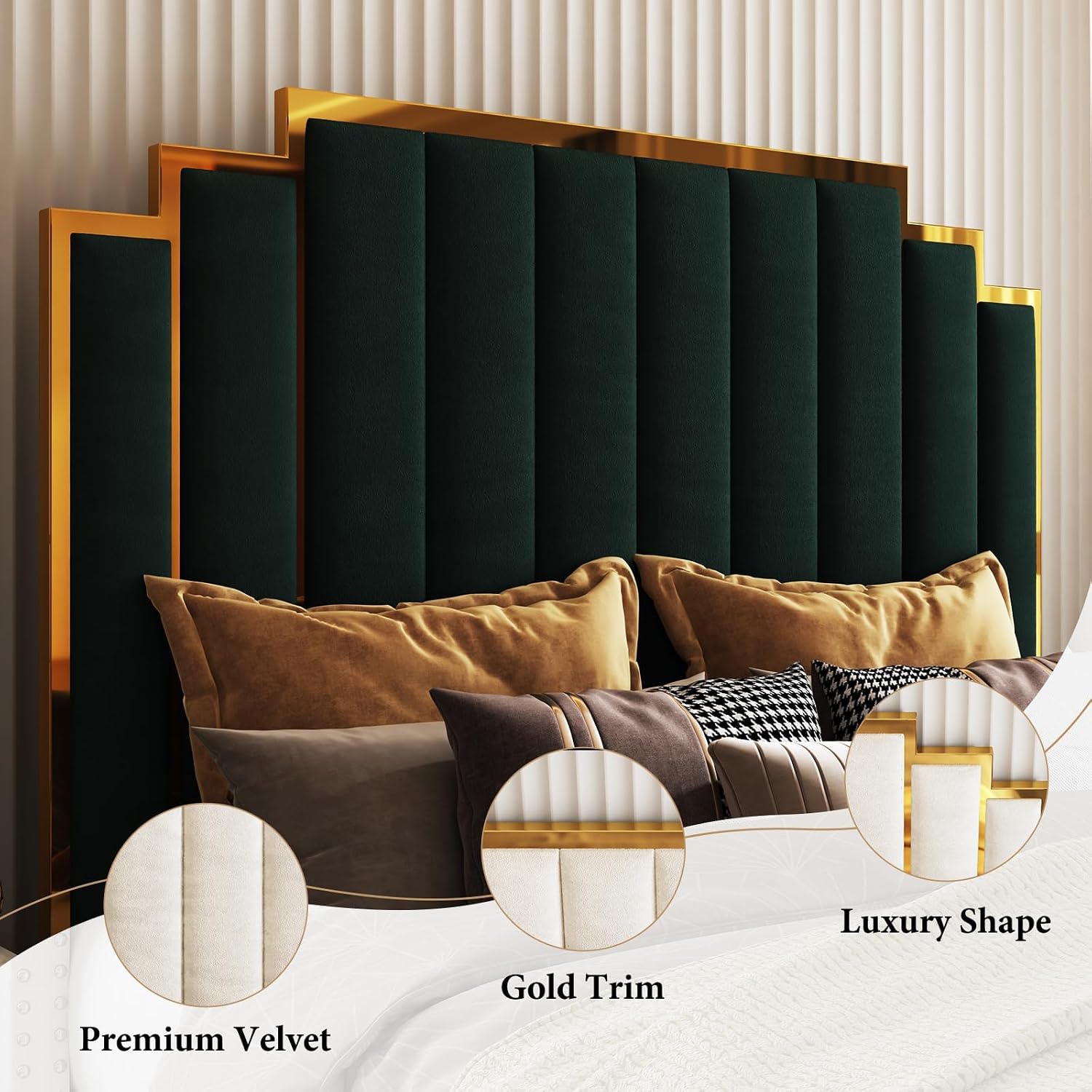 AMERLIFE California King Size Upholstered Bed, Modern Velvet Bed Frame with 65.4' Tall Gold Trim Headboard, No Box Spring Needed, Green