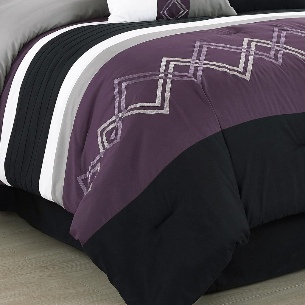 Chezmoi Collection Arden 7-Piece Modern Pleated Stripe Embroidered Zigzag Bedding Comforter Set (Oversized King, Purple/Black/Gray/White)