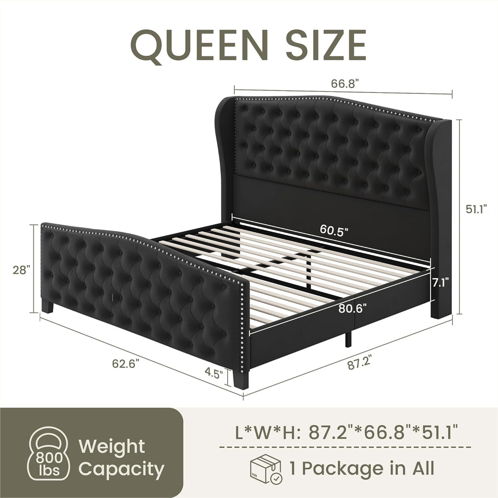 LARMACE Queen Size Bed Frame Velvet Upholstered Platform Bed with Wingback Headboard & Footbaord, Deep Button Tufted Bed Frame with Wood Slats Support, No Box Spring Needed, Black