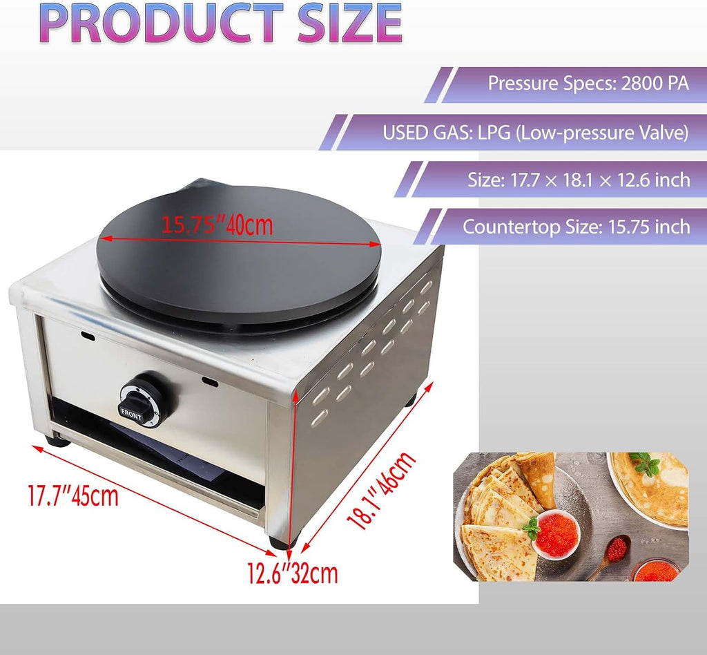 Commercial Gas Crepe Maker, Pancake Griddle Machine with 2800Pa Low Pressure Valve, Gas Crepe Machine with 15.75' Diameter Plate, Non-Stick and Easy to Clean, for Versatile Cooking