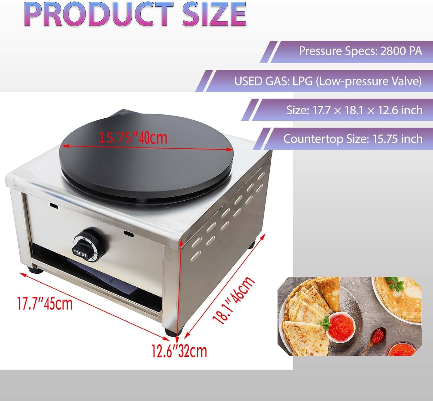 Commercial Gas Crepe Maker, Pancake Griddle Machine with 2800Pa Low Pressure Valve, Gas Crepe Machine with 15.75' Diameter Plate, Non-Stick and Easy to Clean, for Versatile Cooking