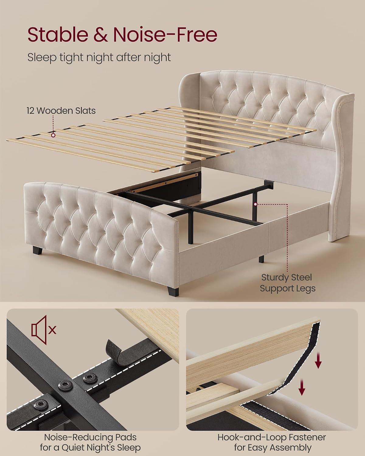 VASAGLE Queen Bed Frame with Tall Headboard, Upholstered Platform Bed Frame Queen Size, with Wingback Tufted Headboard and Footboard, Wooden Slats, No Box Spring Needed, Cappuccino Beige URMB881W01