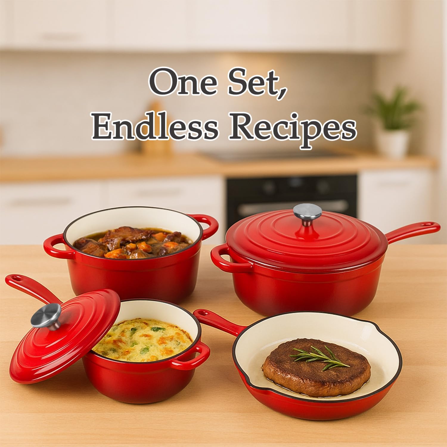 QuliMetal Nonstick Enameled Cast Iron Cookware Set, 4-Piece Pots and Pans Set with Lids, Dutch Oven for Sourdough Bread Baking, Oven Safe up to 500°F, Compatible with All Stovetops