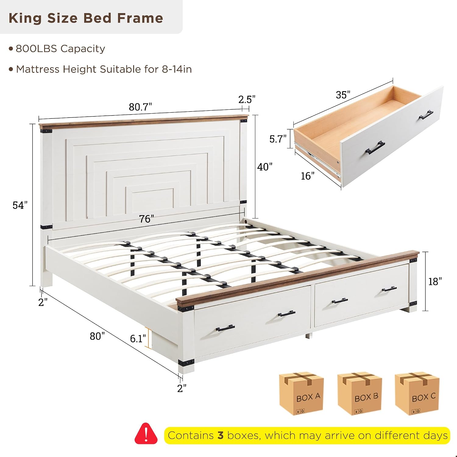 RedLemon Farmhouse King Size Bed Frame w/ 54' Tall Geometric Headboard, Rustic Wood Platform Bed w/ 2 Large Storage Drawers, Wood Slats Support, Noise Free, No Box Spring Needed, Antique White