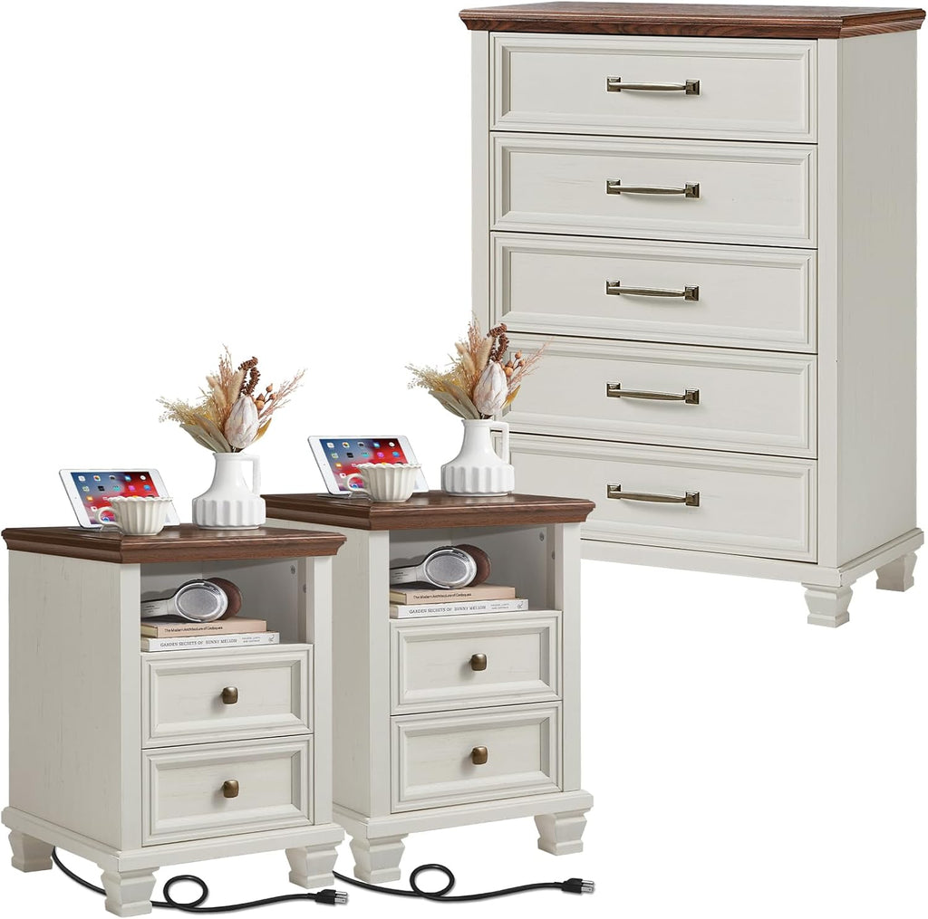 SAVOR LIFE Farmhouse Dresser and Nightstand Sets 3 Piece, 5 Drawer Dresser & 2 Drawer Nightstand Set, Rustic Wood Bedroom Furniture Set for Home, Bedroom, Hallway, White