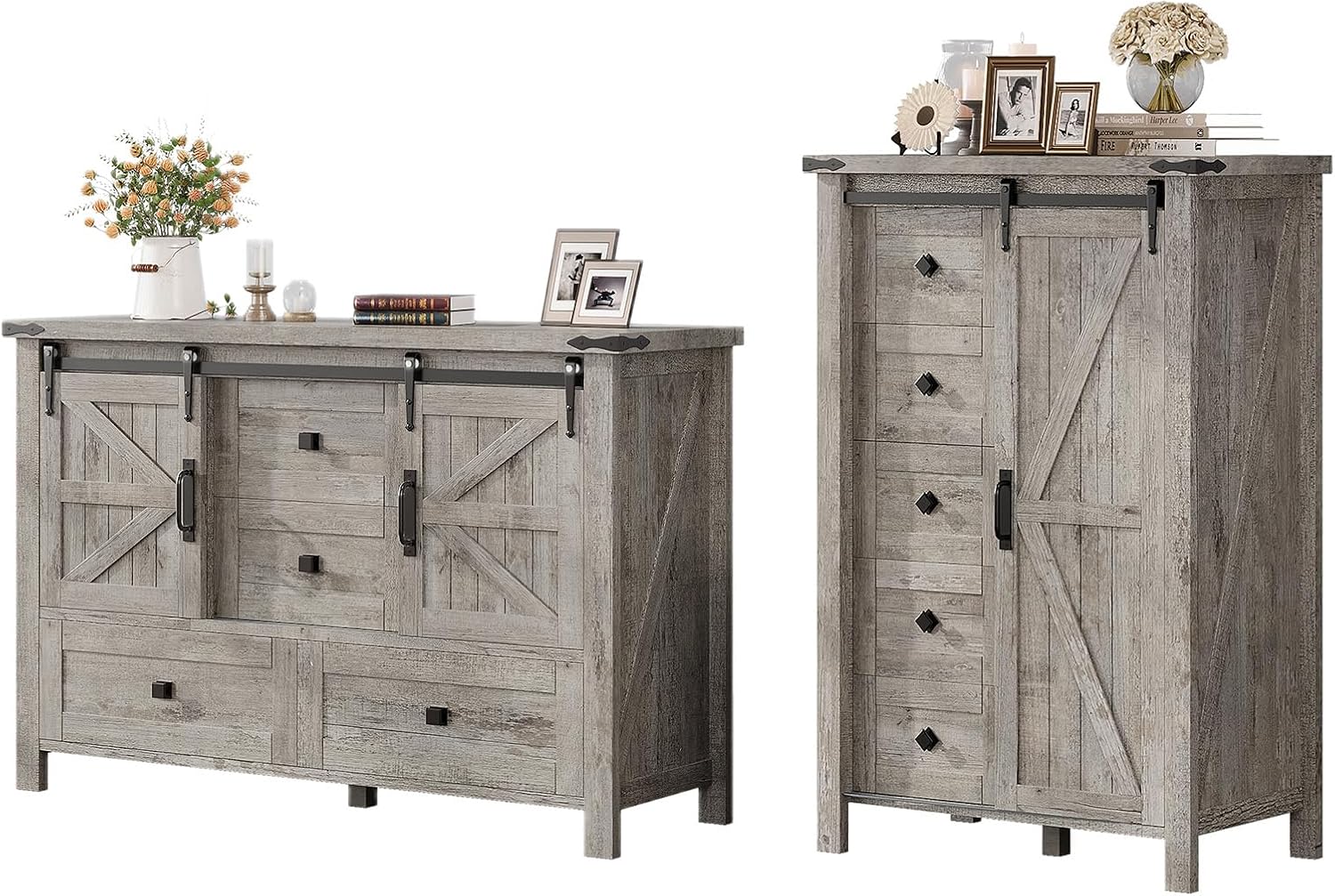 AMERLIFE 2PCS Farmhouse Dresser Set with Sliding Barn Doors, Bedroom Sets Include 47'' Dresser with 4 Drawers, 5-Drawer Tall Dresser, Light Rustic Oak