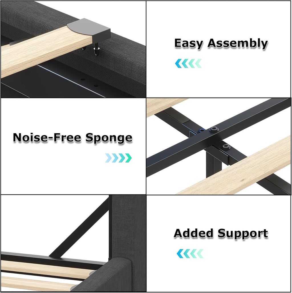 busyaeh Queen Bed Frame with Storage Headboard and LED Lights, Metal Platform Bed Frame Queen Size with Charging Station, No Box Spring Needed, Upholstered Marshmallow Headboard, 1200lbs, Dark Gray