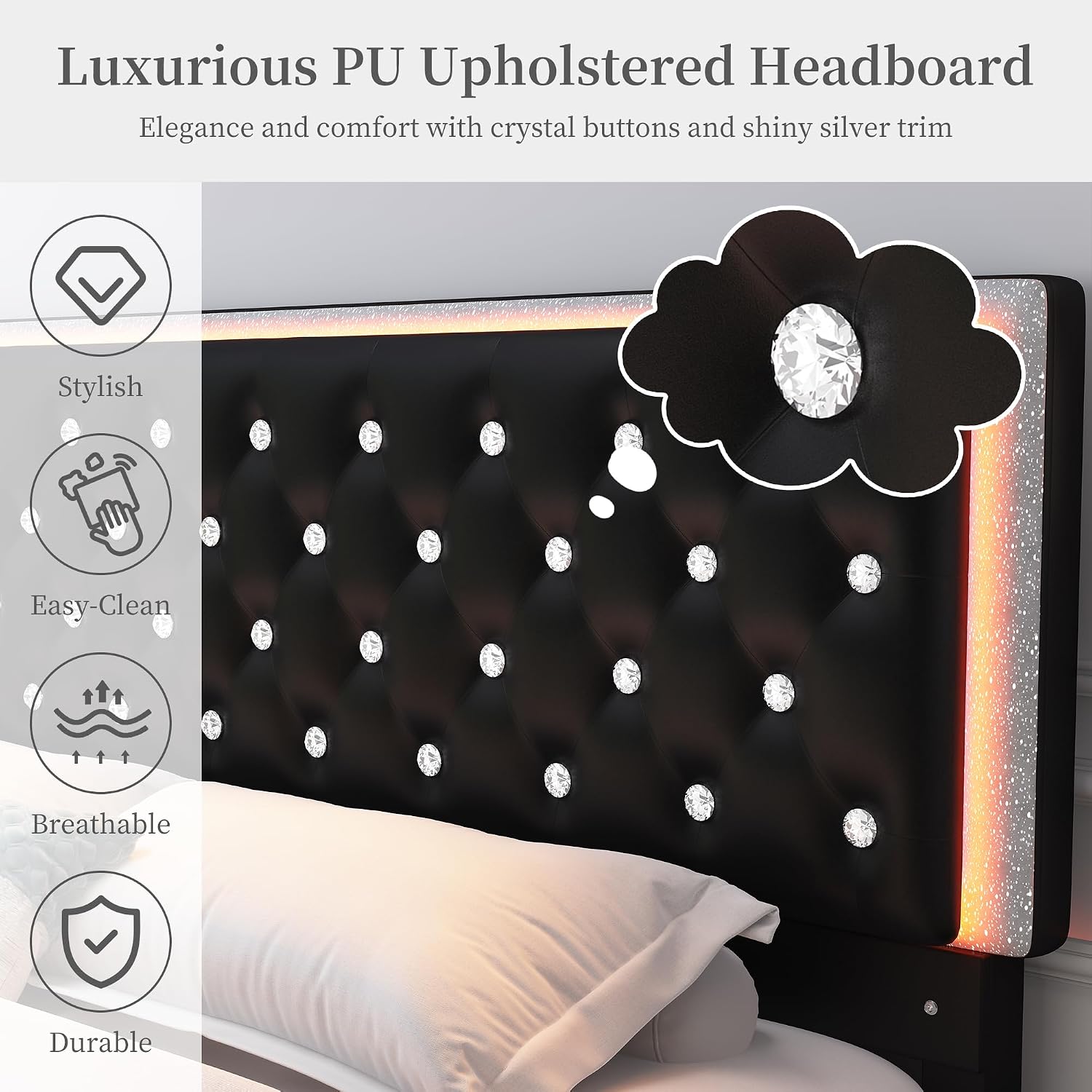 SIBEDS Queen LED Bed Frame with 2 Drawers, Storage Platform Beds with Upholstered Crystal Button Tufted Headboard Footboard, 2 Side Pockets, No Box Spring Needed, PU Black