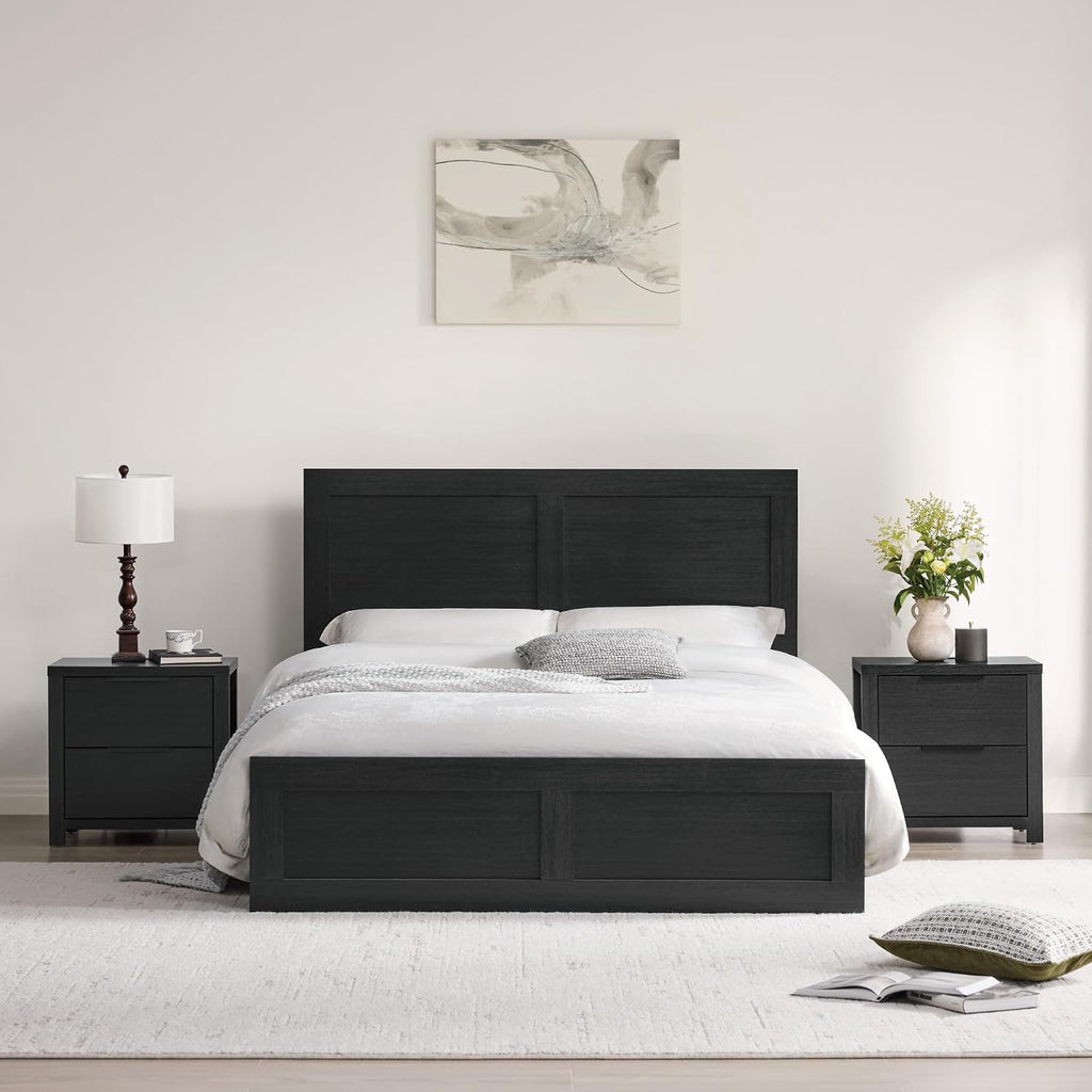 KISLOT 3 Pieces Bedroom Set, Full Size Wood Platform Bed Frame and 2 Nightstands, Storage Nightstand with Type-C Charging Port, Farmhouse Bedroom Furniture Set