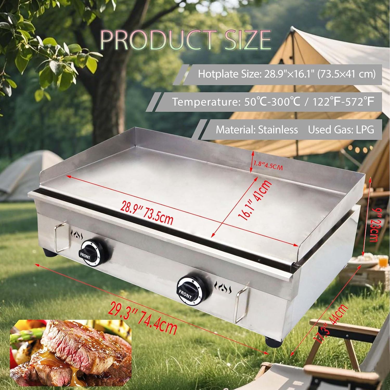 2800Pa 28.9' x 16.1' Stainless Steel Commercial Home Gas Grill Griddle, LPG Countertop Flat Top Grill with 6MM Thick Steel Plate, Ideal for Camping, Outdoor and Kitchen Use