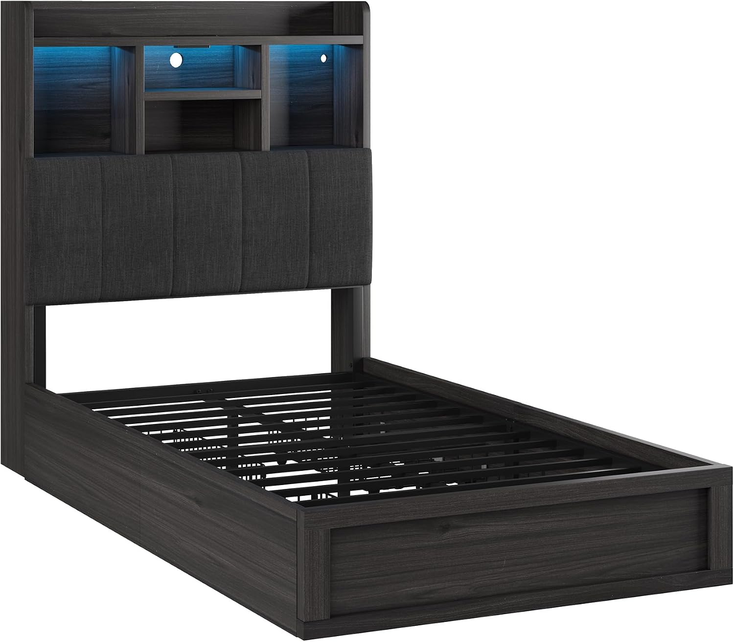 AMERLIFE Twin Bed Frame with 51.2' Tall Bookcase Headboard, Farmhouse Platform Bed with 4 Storage Drawers, Linen Upholstered, Charging Station & Storage, Rustic Black