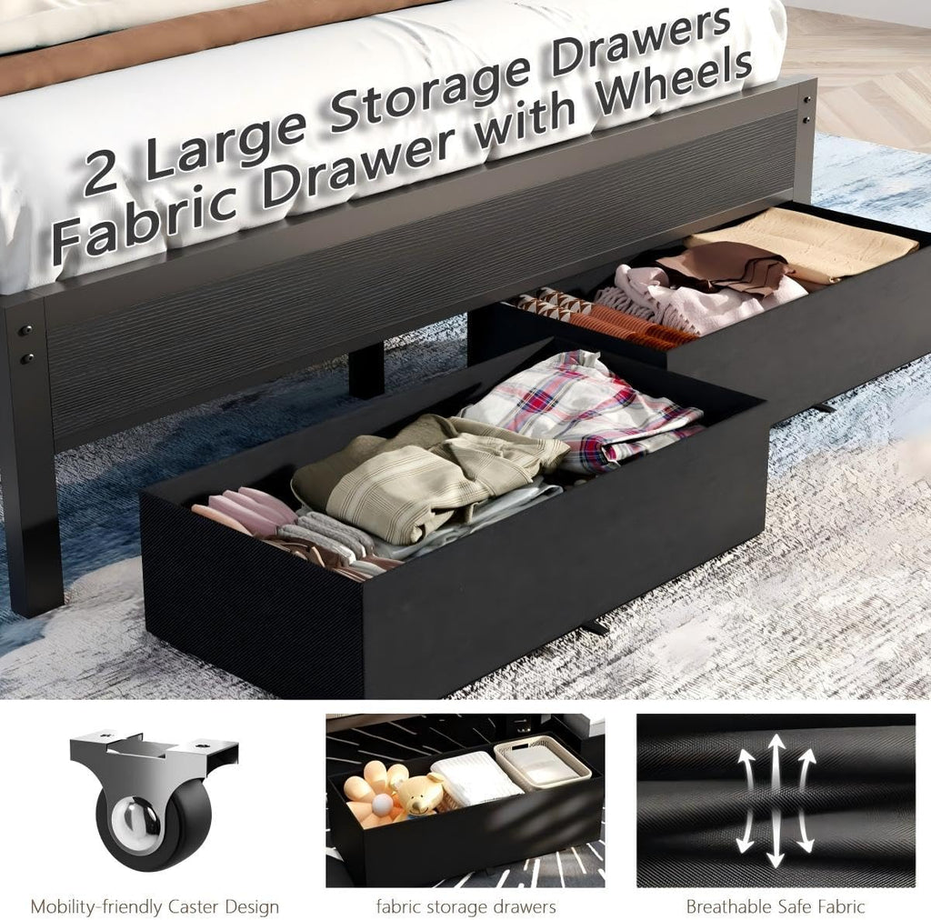 Furnulem Queen Bed Frame with Charging Station and LED Lights, Grey Upholstered Headboard with Shelves, Metal Platform Bed with 2 Under-Bed Storage (Fabric Drawer on Wheels), No Box Spring Needed