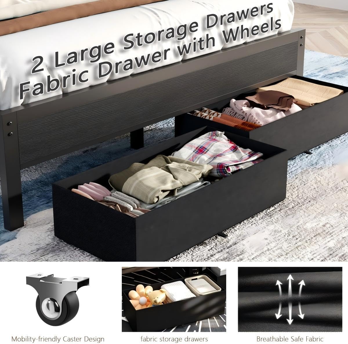 Furnulem Twin Bed Frames with Charging Station and LED Lights, Grey Upholstered Headboard with Shelves, Metal Platform Bed with 2 Under-Bed Storage (Fabric Drawer on Wheels), No Box Spring Needed