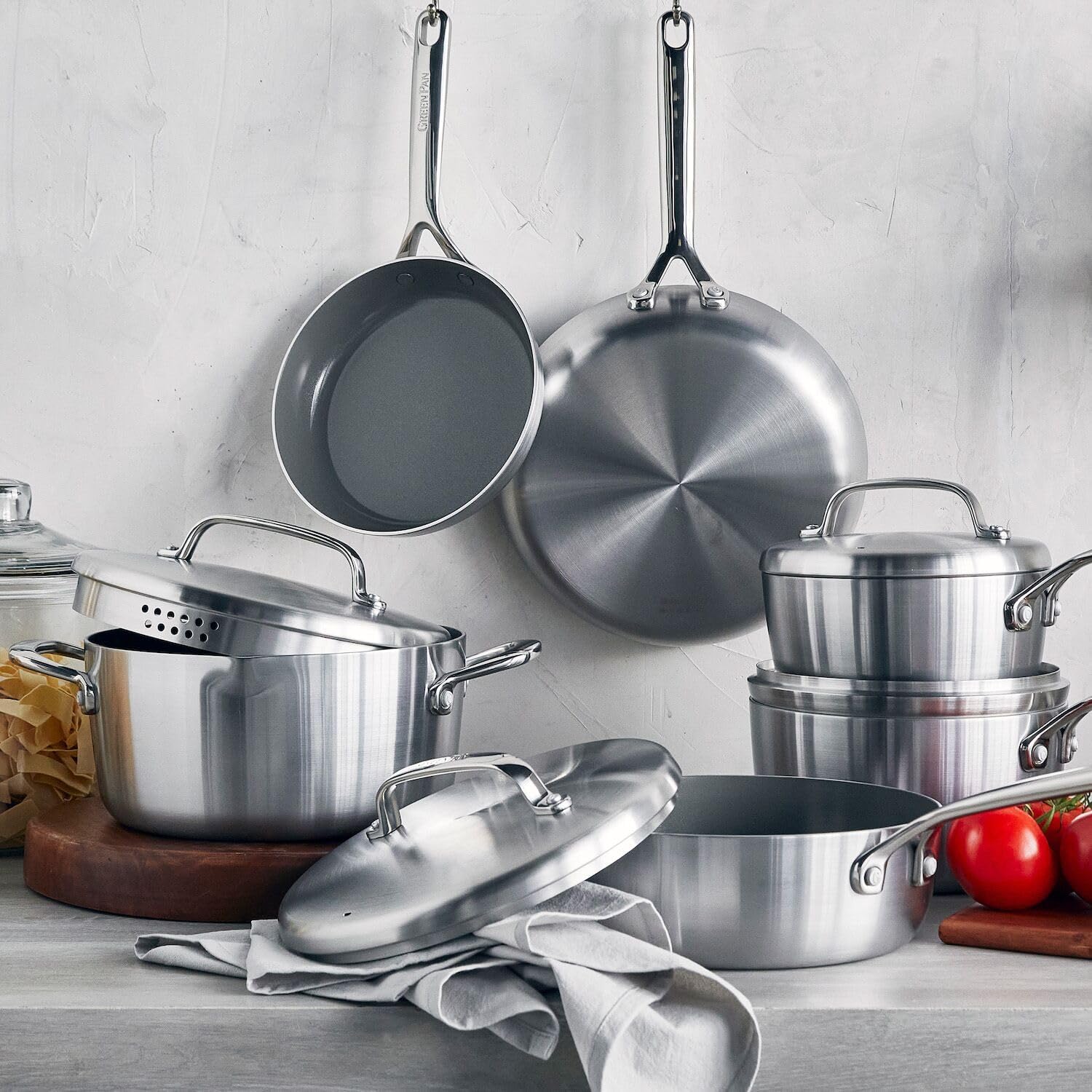 GreenPan GP5 Stainless Steel 5-Ply Healthy Ceramic Nonstick 13 Piece Cookware Pots & Pans Set, Frying Pans, Sauté, Saucepans, Stock Pot, Scratch Resistant, Induction,Dishwasher & Oven Safe, PFAS-Free