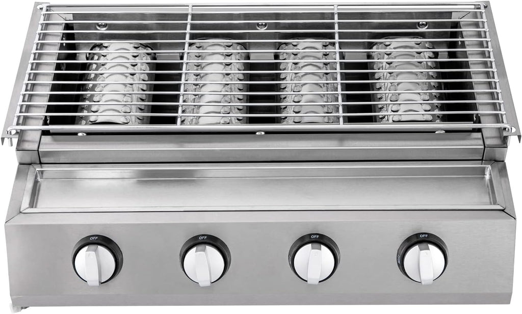Commercial Gas Grill Smokeless Barbecue Grill, 4-Burner Outdoor & Indoor Barbecue Griddle, Portable Nonstick LPG Gas Yakitori Grill with Removable Grill Net for Restaurant, Picnic, Party