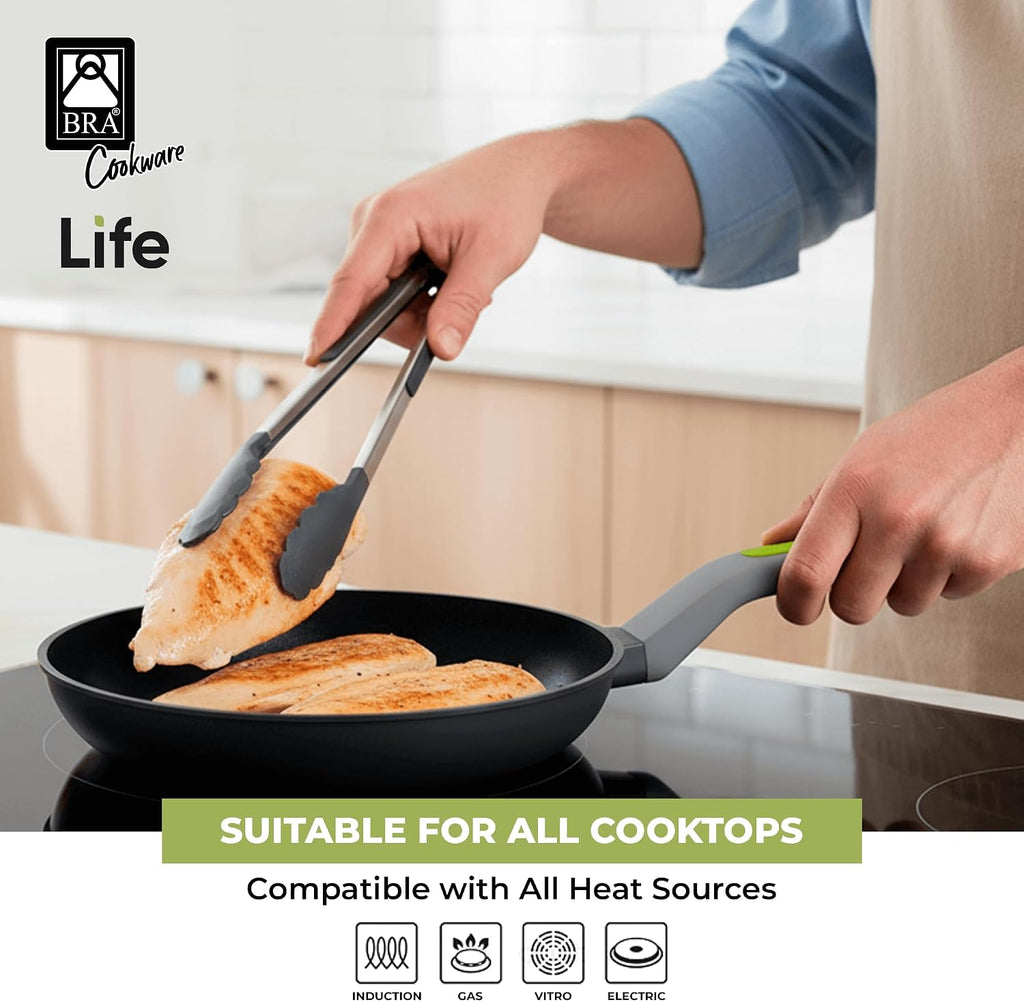BRA COOKWARE Life 12-Piece Ceramic Cookware Set | Recycled Cast Aluminum Pots & Pans Set w/ 2 Pots, 1 Sauté Pan, 3 Pans, 1 Saucepan, 1 Grill, 4 Lids | Ceramic Non-Stick Coating | All Stovetops