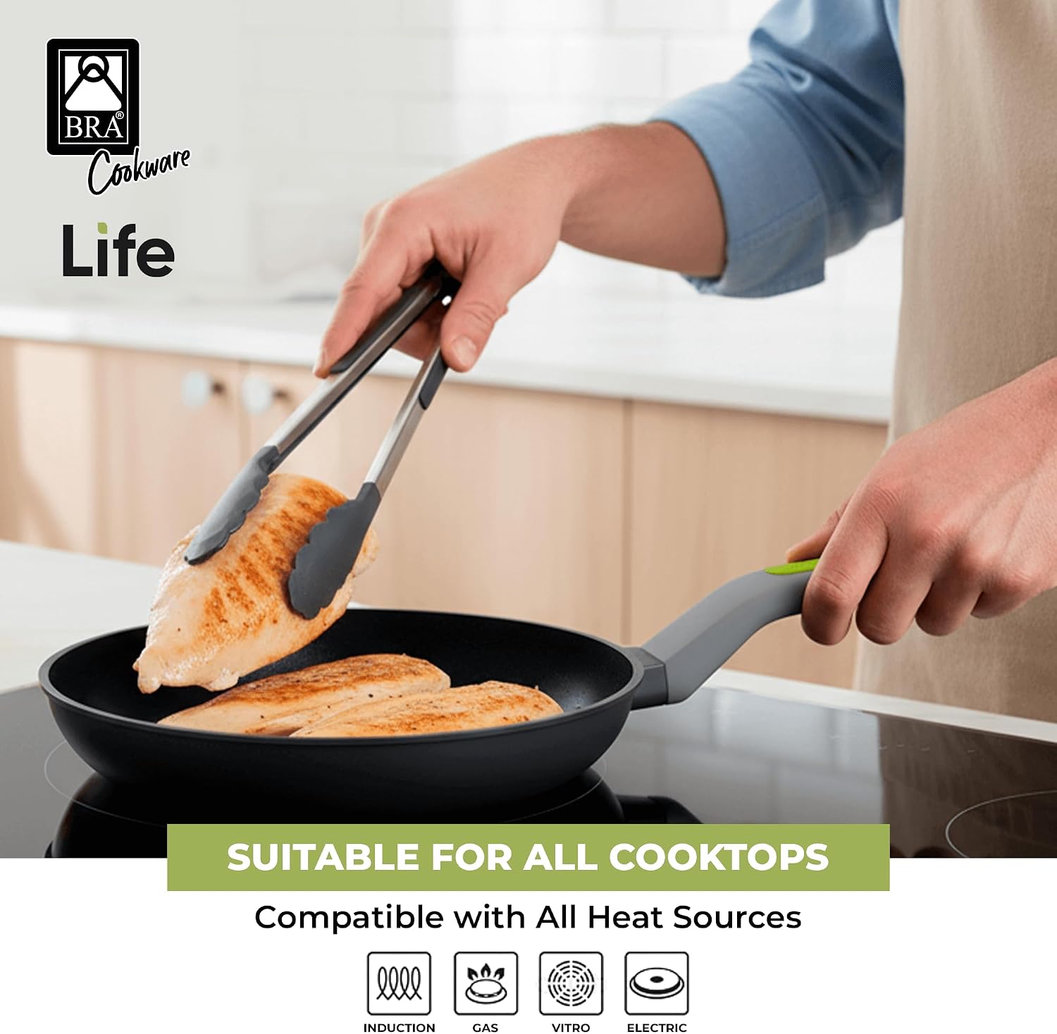 BRA COOKWARE Life 12-Piece Ceramic Cookware Set | Recycled Cast Aluminum Pots & Pans Set w/ 2 Pots, 1 Sauté Pan, 3 Pans, 1 Saucepan, 1 Grill, 4 Lids | Ceramic Non-Stick Coating | All Stovetops