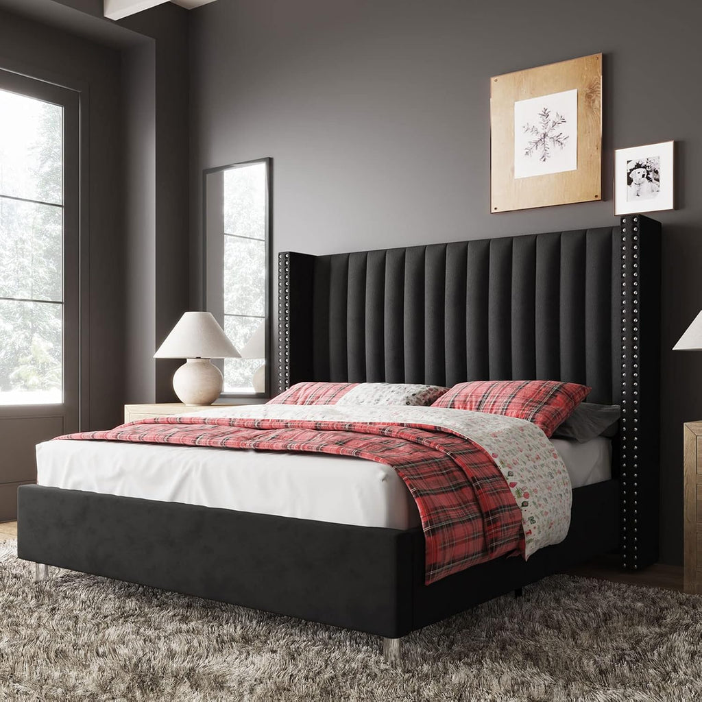 Jocisland King Bed Frame with 49.2' Tall Wingback Headboard,Velvet Upholstered Platform Bed for Cozy Master Bedrooms & Modern Homes,No Box Spring Needed, Easy Assembly, Black