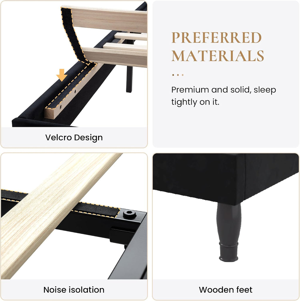 SHA CERLIN Full Size Bed Frame with Adjustable Headboard/Velvet Upholstered/Diamond Button Tufted and Metal Studs/No Box Spring Needed/Wood Slat Support/Easy Assembly/Black