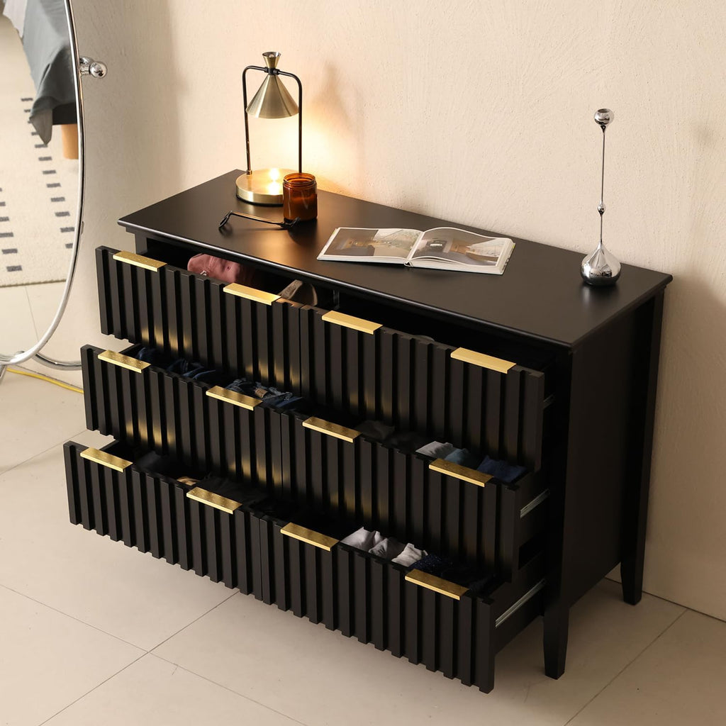LAZZO 3 Piece Dresser and Nightstand Sets Modern Fluted Bedroom Set with 6 Drawer Dresser & 2 Nightstands,MDF Wood, Gold Handles, Black Finish, Storage Furniture for Bedroom, Closet, Apartment