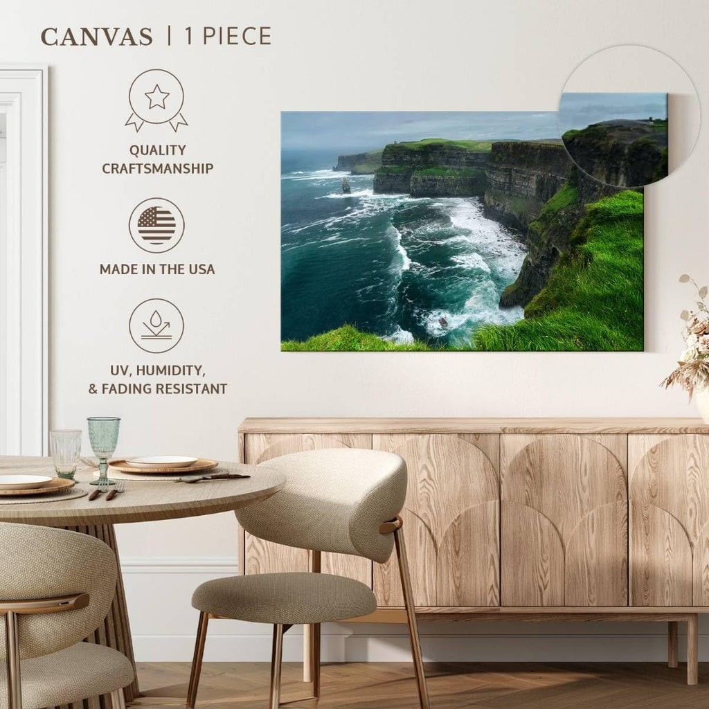 ElephantStock Windy Cliffs Of Moher Canvas - 1 Panel Landscape Photography Decor - Nature Landscape Wall Art - Nature Landscape Wall Art Photography for Living Room - 39' X 26'