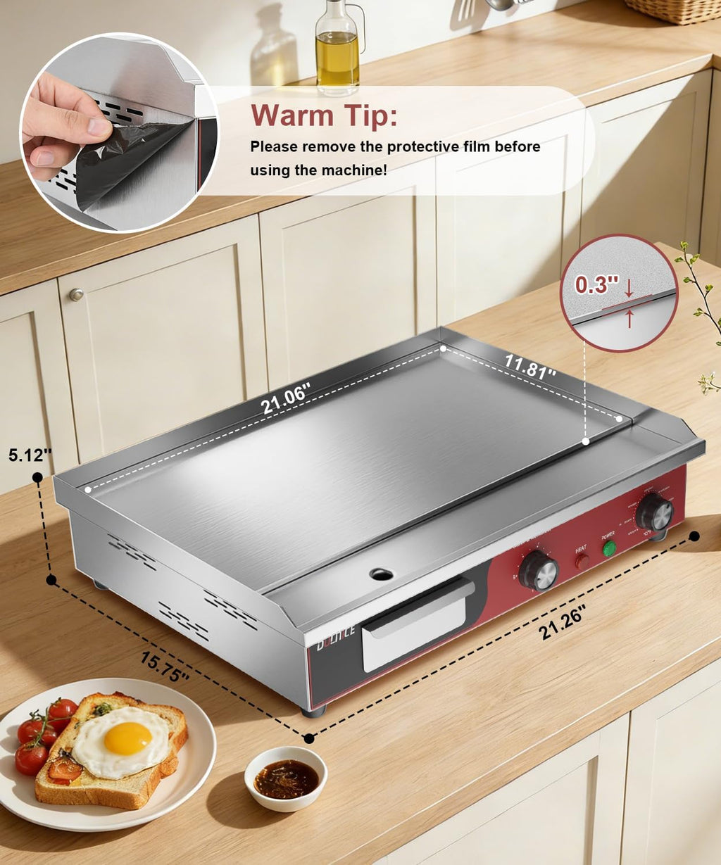 22' Commercial Electric Griddle 1500W, Flat Top Grill with 5-Min Reminder Timer, Adjustable Temp Control (122°F-572°F), Stainless Steel Countertop Griddle for Restaurant & Home Kitchen
