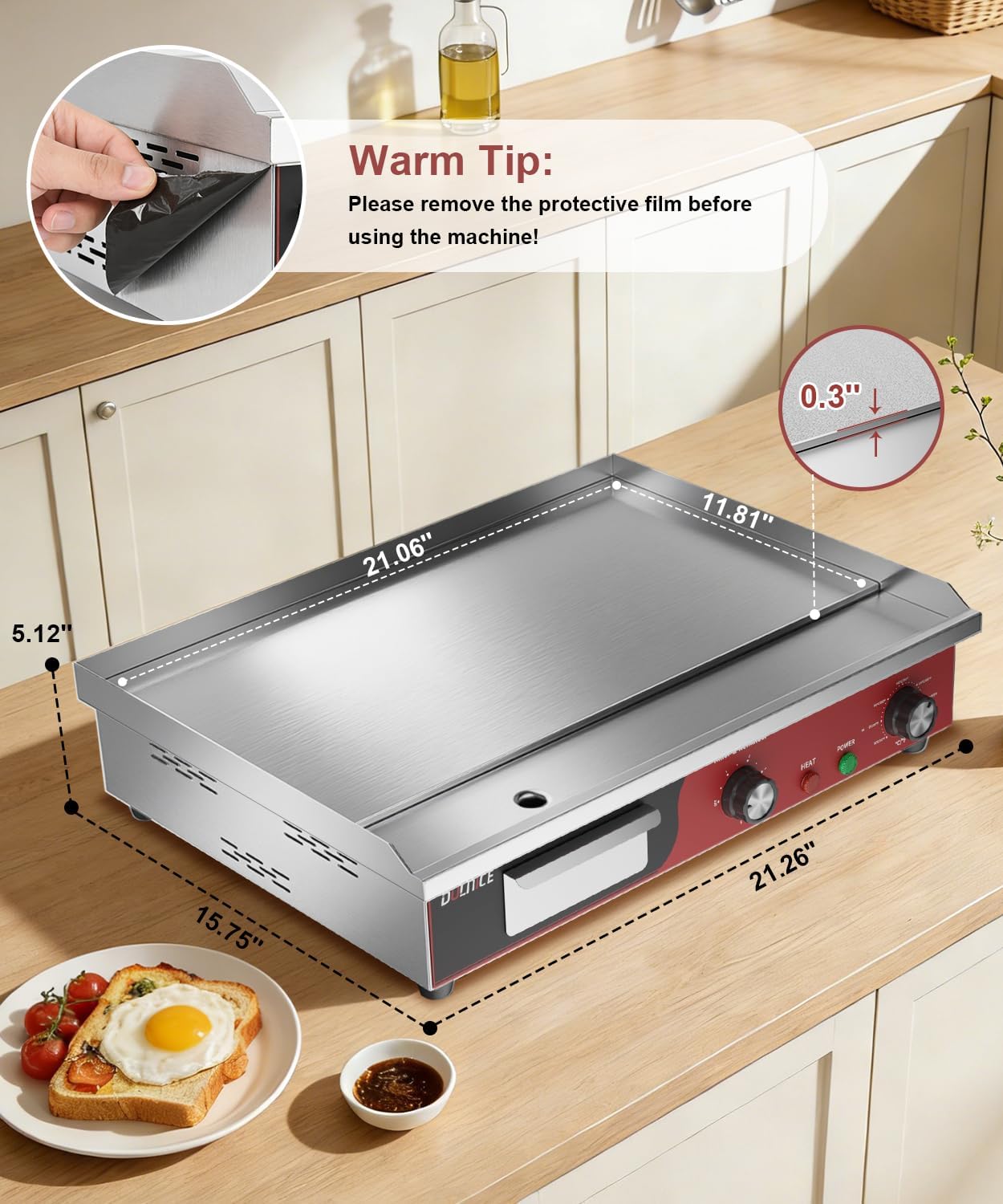 22' Commercial Electric Griddle 1500W, Flat Top Grill with 5-Min Reminder Timer, Adjustable Temp Control (122°F-572°F), Stainless Steel Countertop Griddle for Restaurant & Home Kitchen